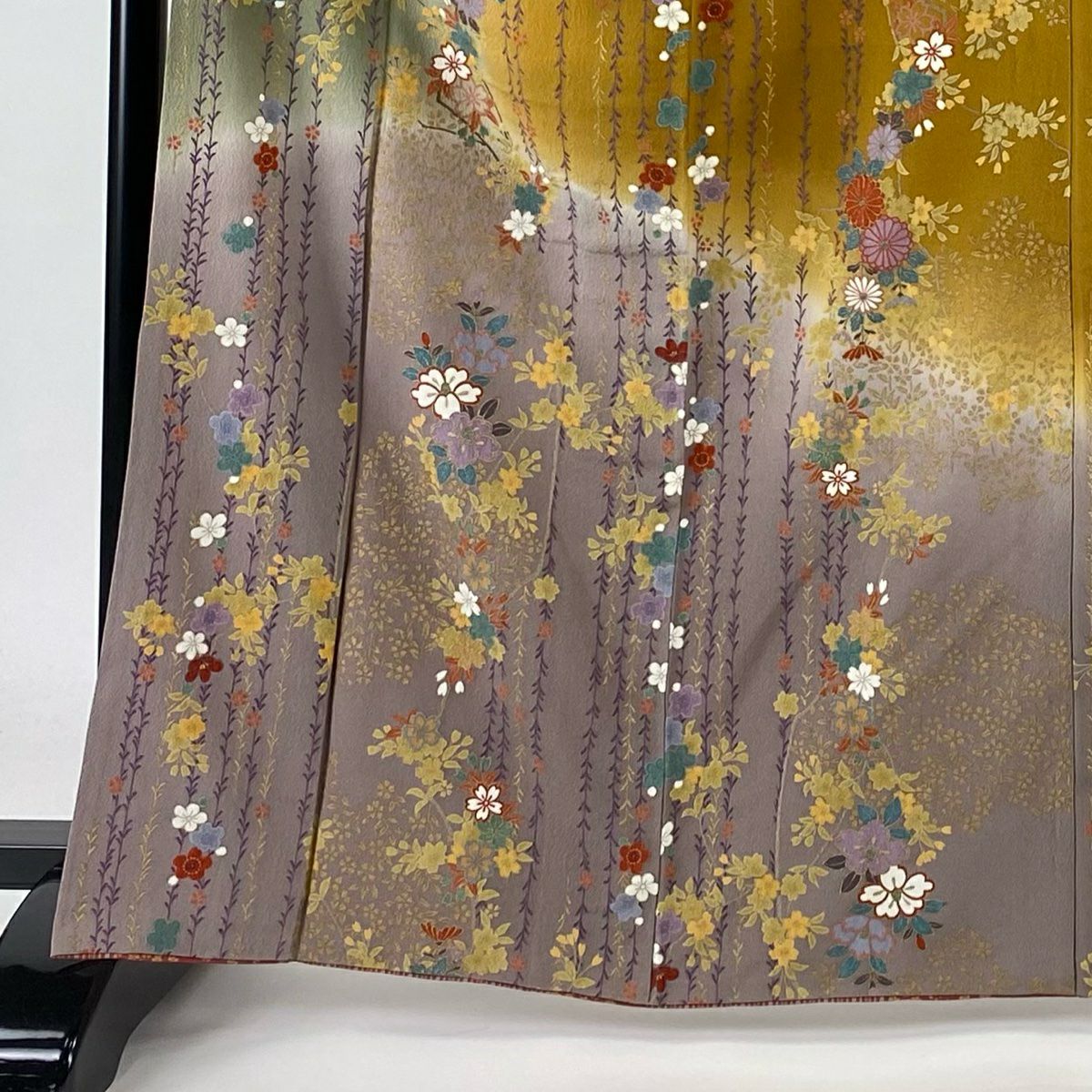 【庫存清倉】訪問服 身長165cm 袖長66cm M 雙層 櫻花 菊花花 金銀彩 漸層 灰綠 純蠶絲 優品級