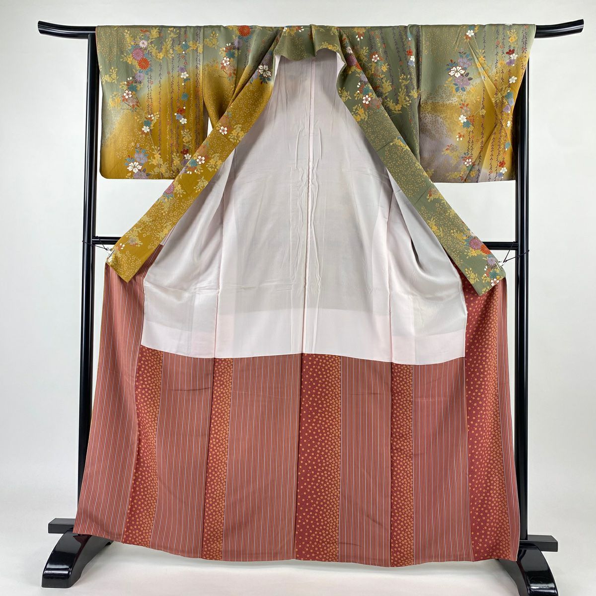【庫存清倉】訪問服 身長165cm 袖長66cm M 雙層 櫻花 菊花花 金銀彩 漸層 灰綠 純蠶絲 優品級