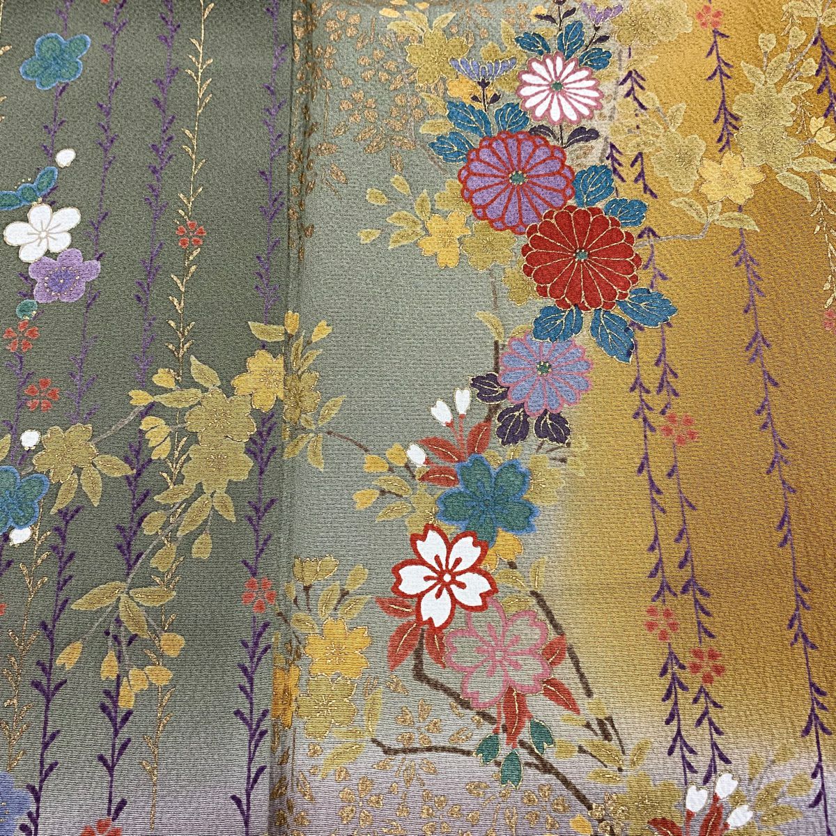 【庫存清倉】訪問服 身長165cm 袖長66cm M 雙層 櫻花 菊花花 金銀彩 漸層 灰綠 純蠶絲 優品級