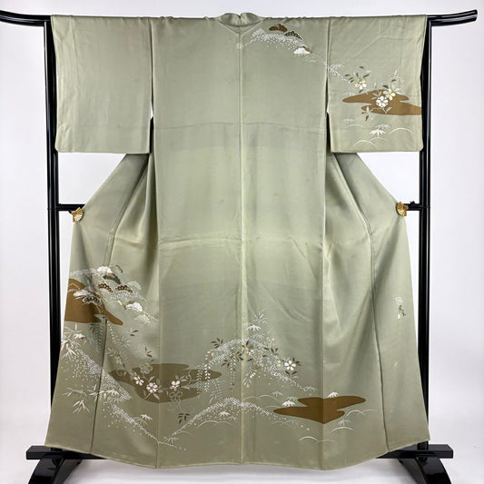 【庫存清倉】訪問服 身長159.5cm 袖長65cm M 雙層 落款有 松樹竹子梅花 霞 金彩裝飾 灰綠 純蠶絲 優品級 一個紋