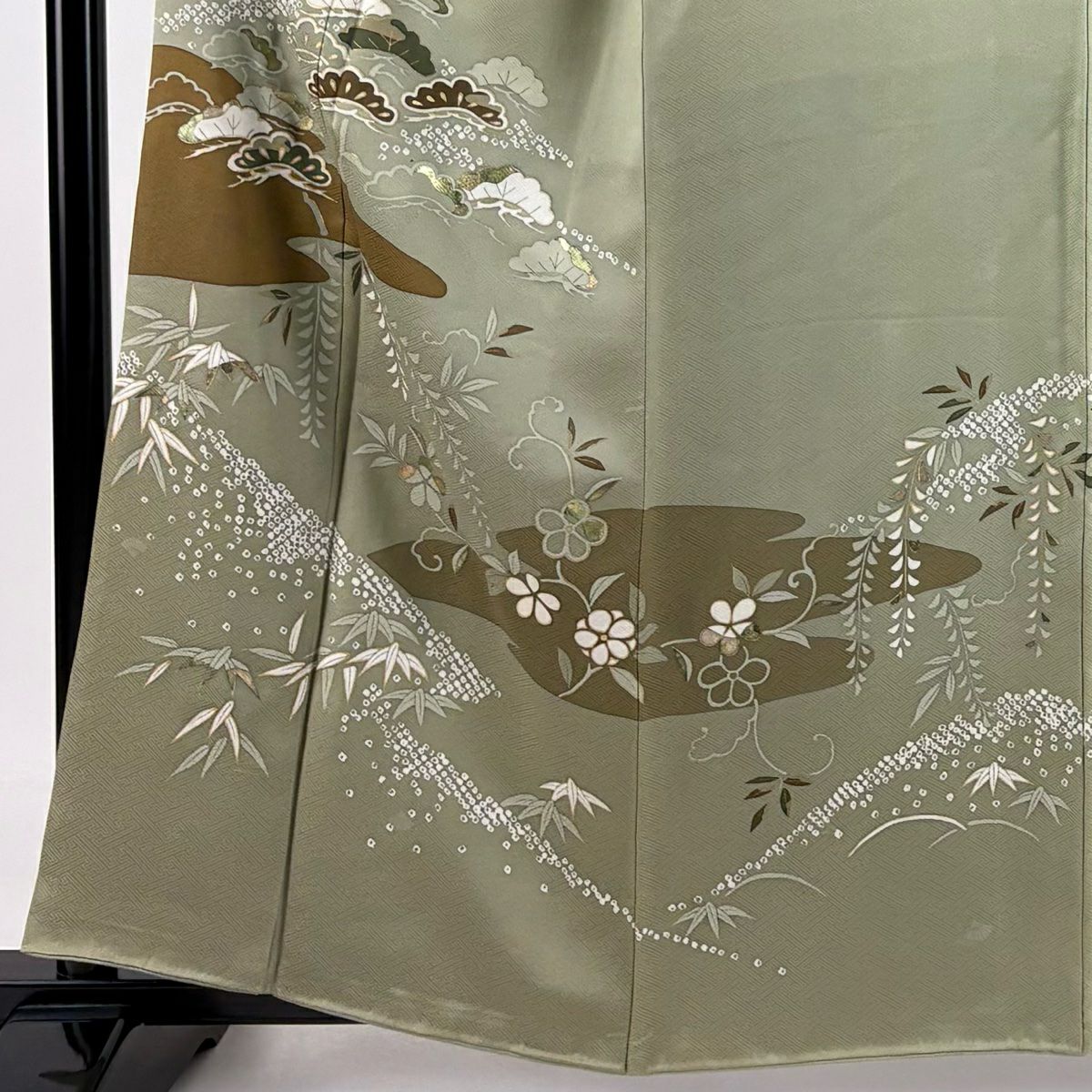 【庫存清倉】訪問服 身長159.5cm 袖長65cm M 雙層 落款有 松樹竹子梅花 霞 金彩裝飾 灰綠 純蠶絲 優品級 一個紋