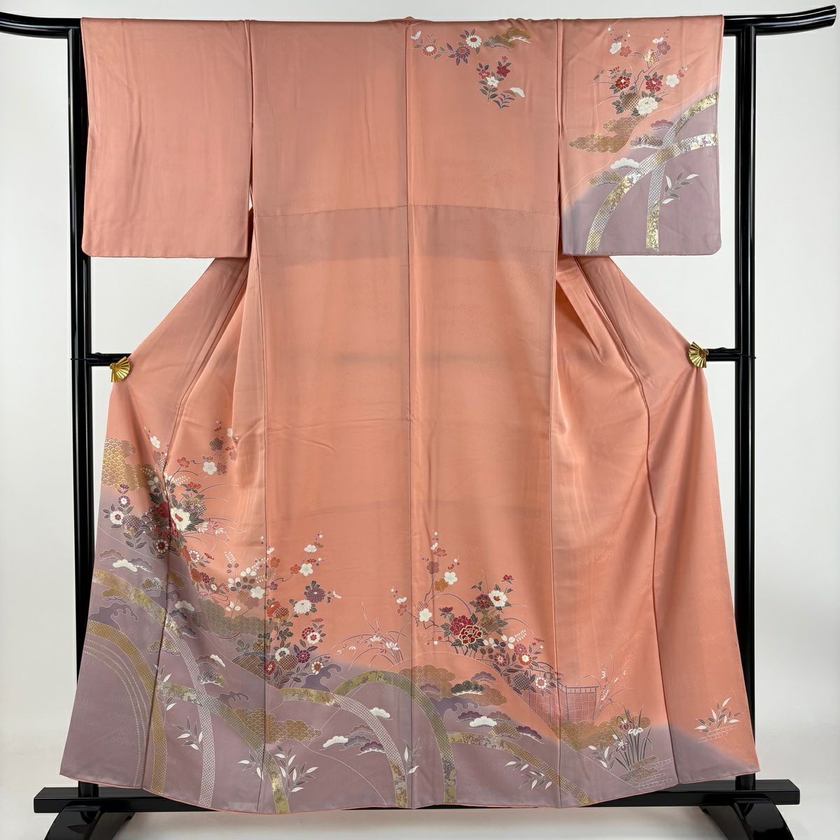 【庫存清倉】訪問服 身長157cm 袖長63cm S 雙層 草花紋紋 扇子子 金銀彩 染分 粉紅 純蠶絲 優品級