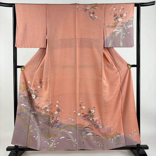 【庫存清倉】訪問服 身長157cm 袖長63cm S 雙層 草花紋紋 扇子子 金銀彩 染分 粉紅 純蠶絲 優品級