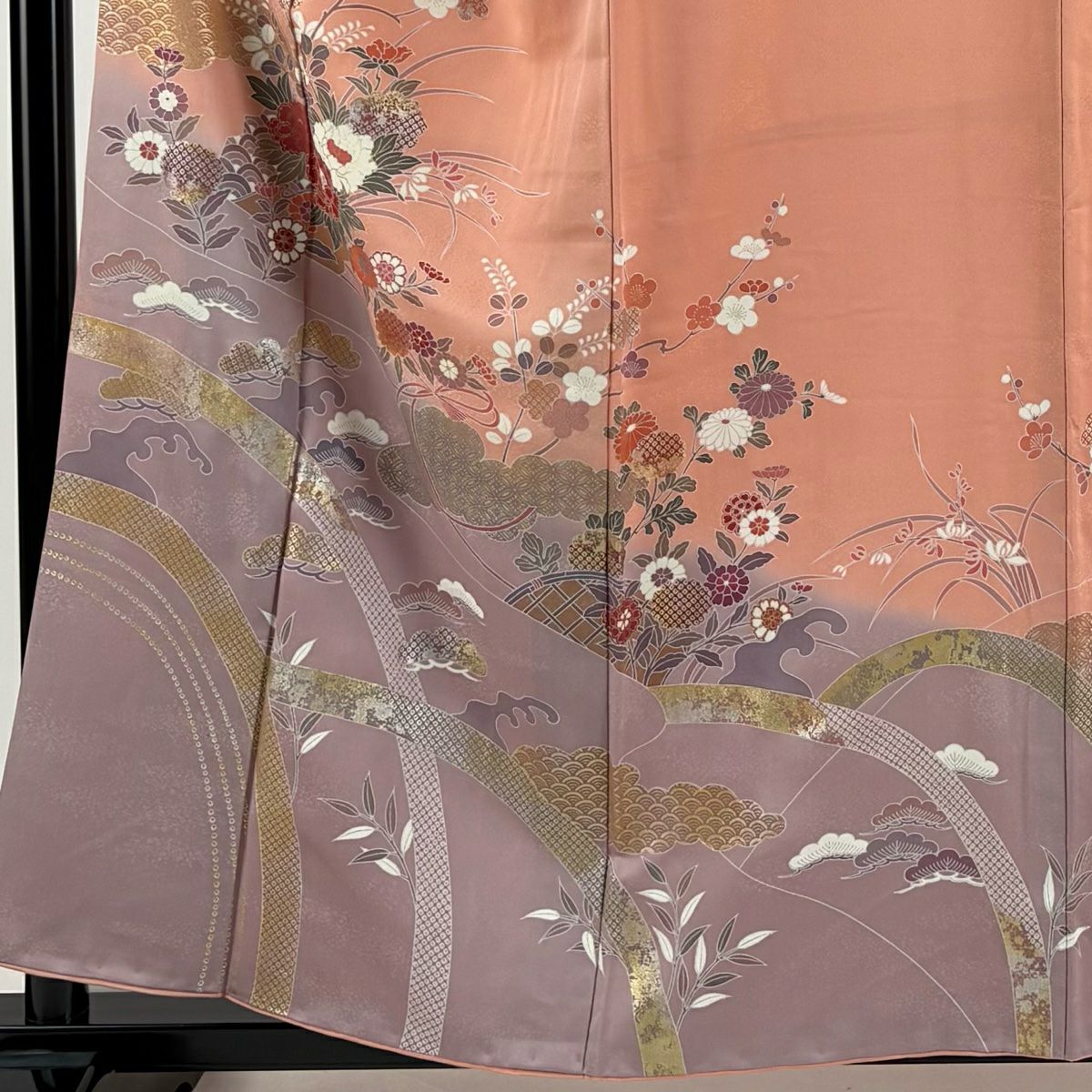 【庫存清倉】訪問服 身長157cm 袖長63cm S 雙層 草花紋紋 扇子子 金銀彩 染分 粉紅 純蠶絲 優品級