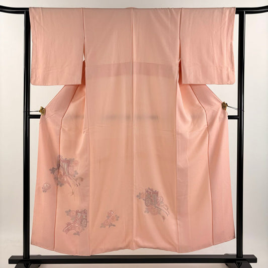 【庫存清倉】 付下 身長153cm 袖長62cm S 雙層 御所車 菊花花刺繡 粉紅色 純蠶絲 優品級