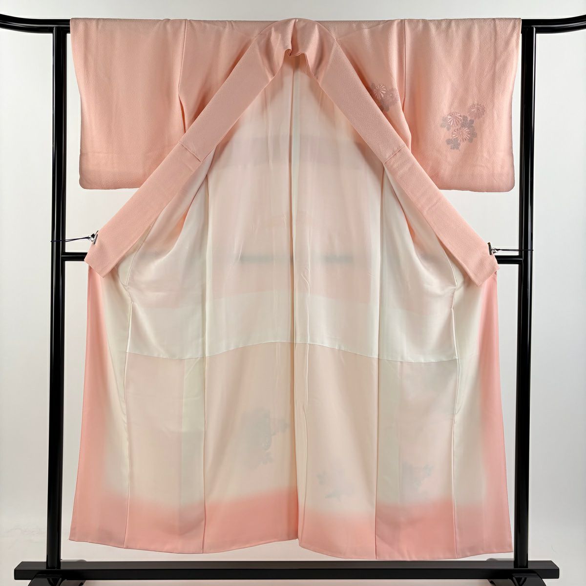 【庫存清倉】 付下 身長153cm 袖長62cm S 雙層 御所車 菊花花刺繡 粉紅色 純蠶絲 優品級