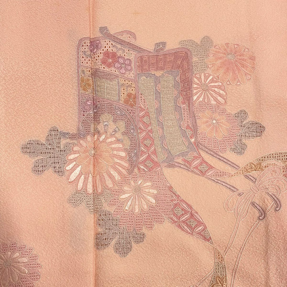 【庫存清倉】 付下 身長153cm 袖長62cm S 雙層 御所車 菊花花刺繡 粉紅色 純蠶絲 優品級
