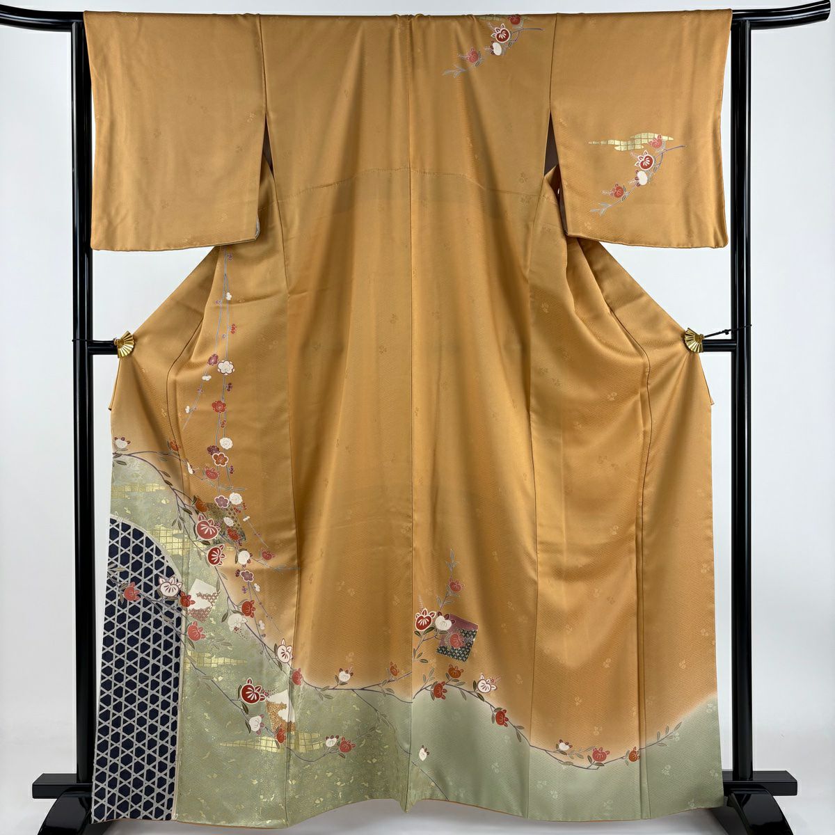 【庫存清倉】訪問服 身長163cm 袖長64cm M 雙層 ますいわ屋 橘色紙 金銀彩 漸層 橙色 純蠶絲 美品 秀品級