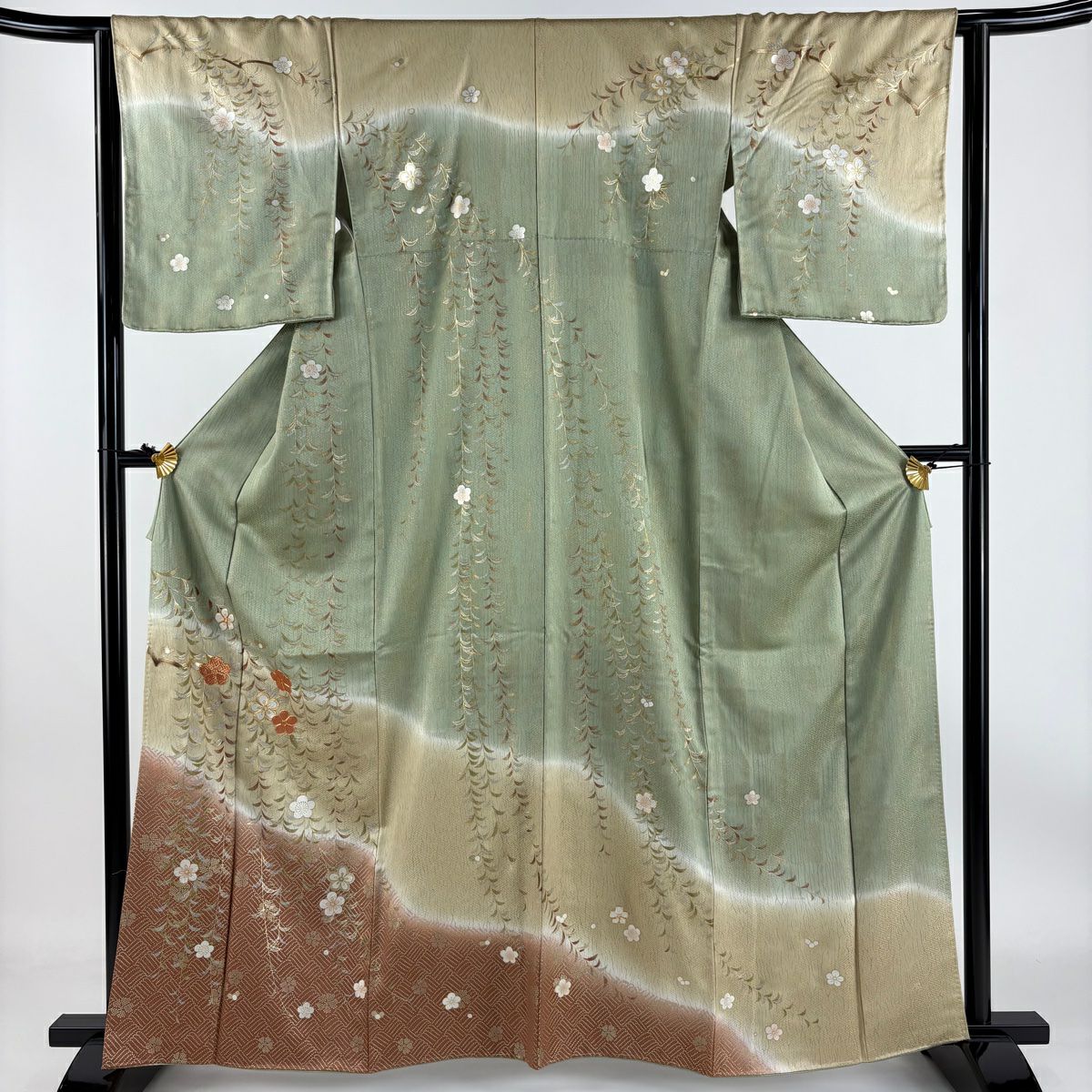 【庫存清倉】訪問服 身長162.5cm 袖長63cm S 雙層 垂枝櫻 幾何圖案 金銀彩 金絲 灰綠 純蠶絲 優品級