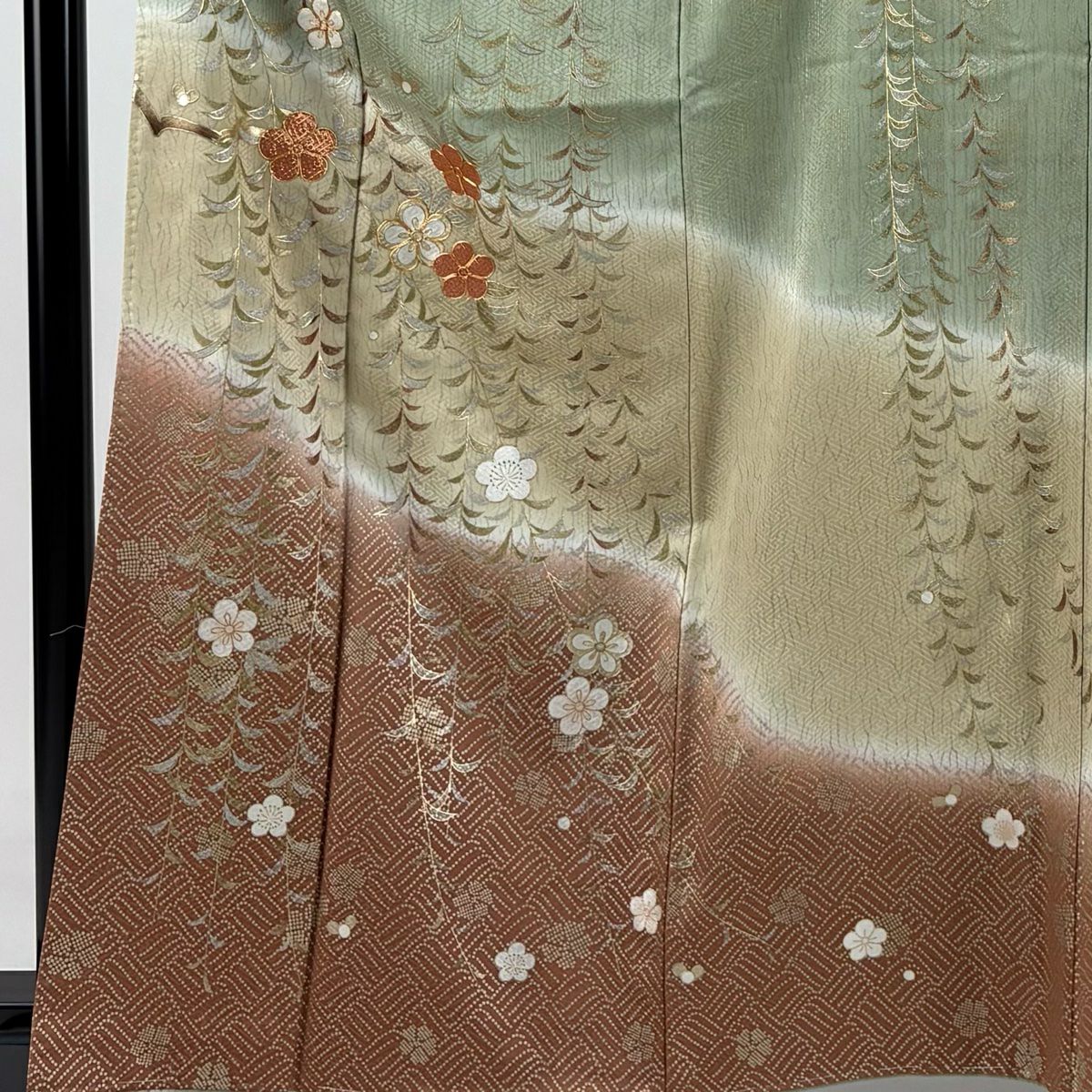 【庫存清倉】訪問服 身長162.5cm 袖長63cm S 雙層 垂枝櫻 幾何圖案 金銀彩 金絲 灰綠 純蠶絲 優品級