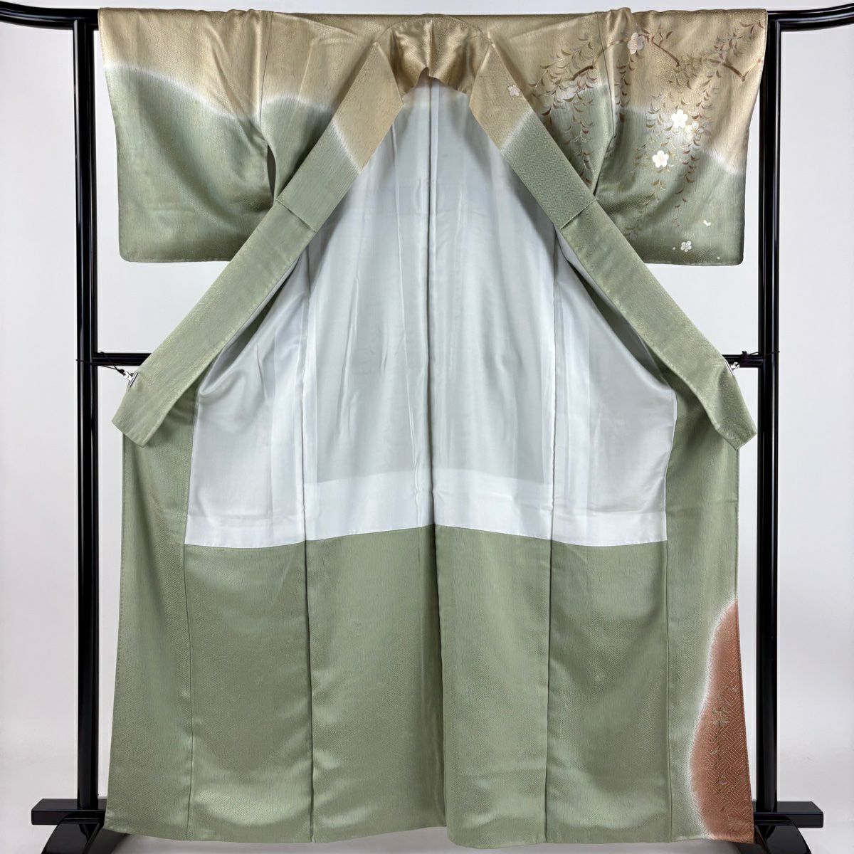 【庫存清倉】訪問服 身長162.5cm 袖長63cm S 雙層 垂枝櫻 幾何圖案 金銀彩 金絲 灰綠 純蠶絲 優品級