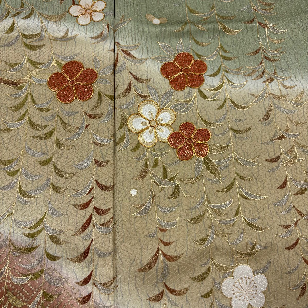 【庫存清倉】訪問服 身長162.5cm 袖長63cm S 雙層 垂枝櫻 幾何圖案 金銀彩 金絲 灰綠 純蠶絲 優品級