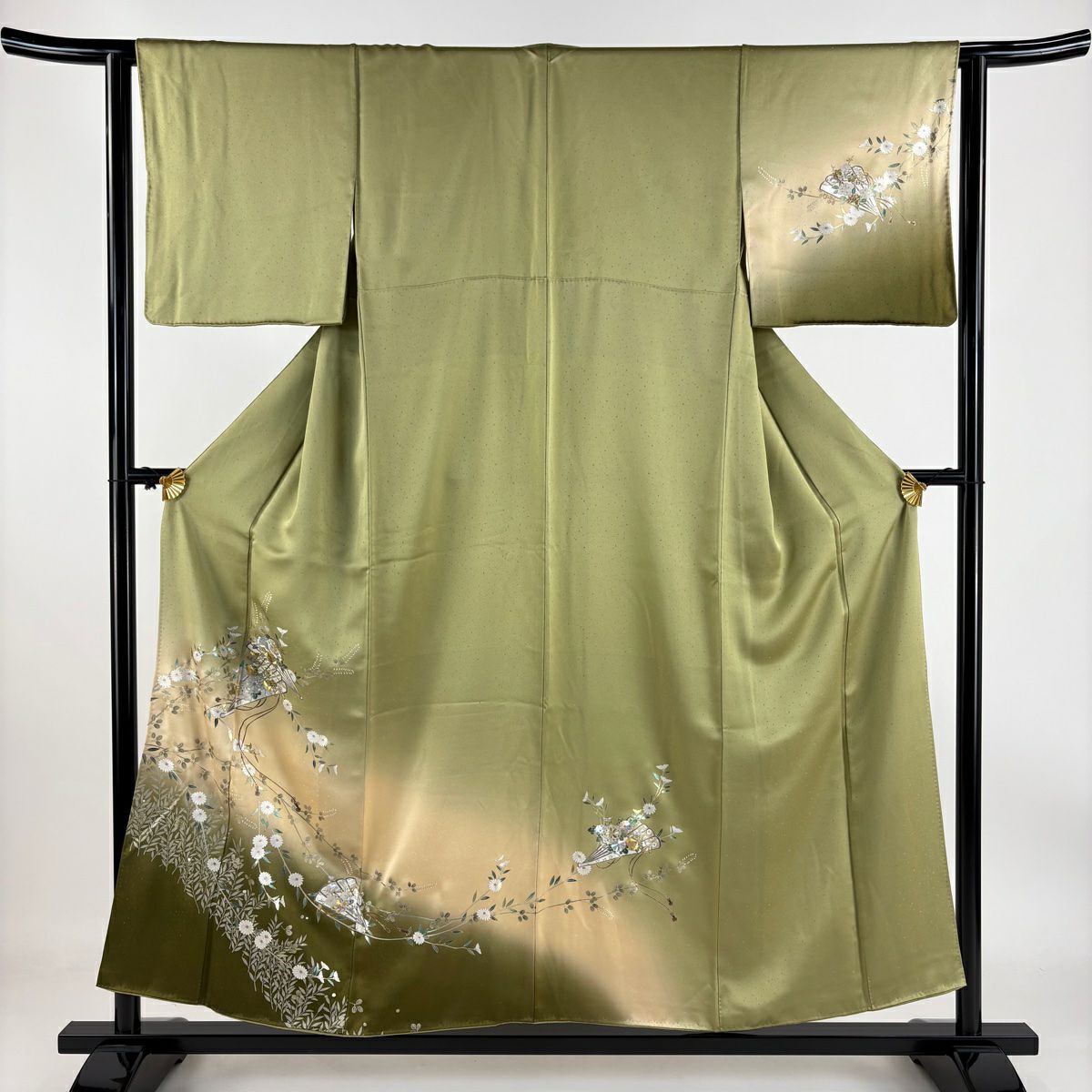 【庫存清倉】訪問服 身長154cm 袖長62.5cm S 雙層 桧扇子 草花紋紋 金銀彩 漸層 艾綠色 純蠶絲 優品級