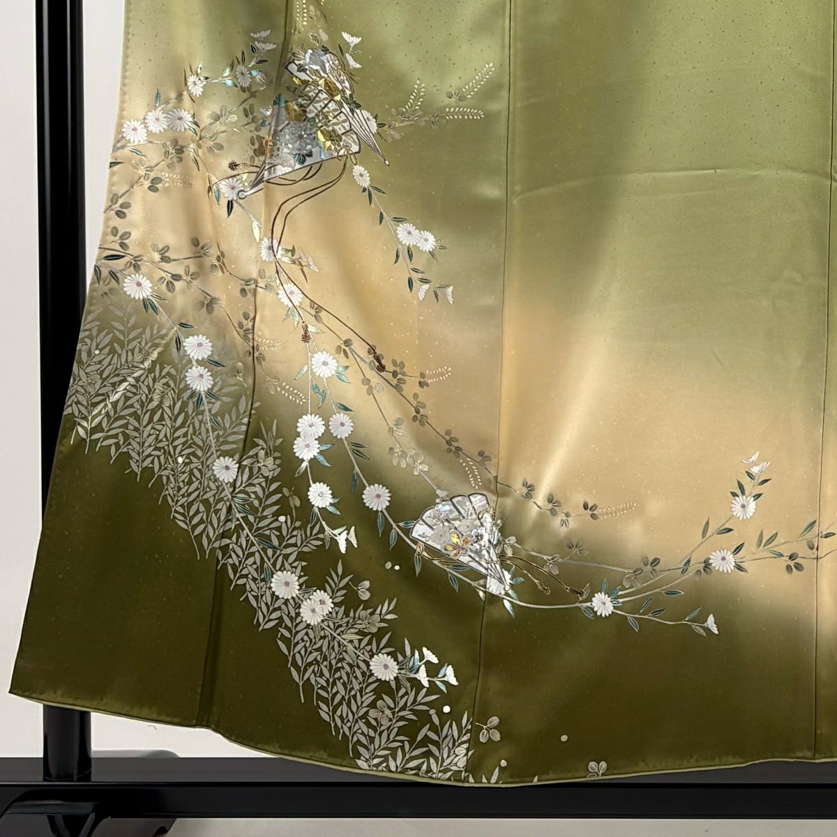 【庫存清倉】訪問服 身長154cm 袖長62.5cm S 雙層 桧扇子 草花紋紋 金銀彩 漸層 艾綠色 純蠶絲 優品級