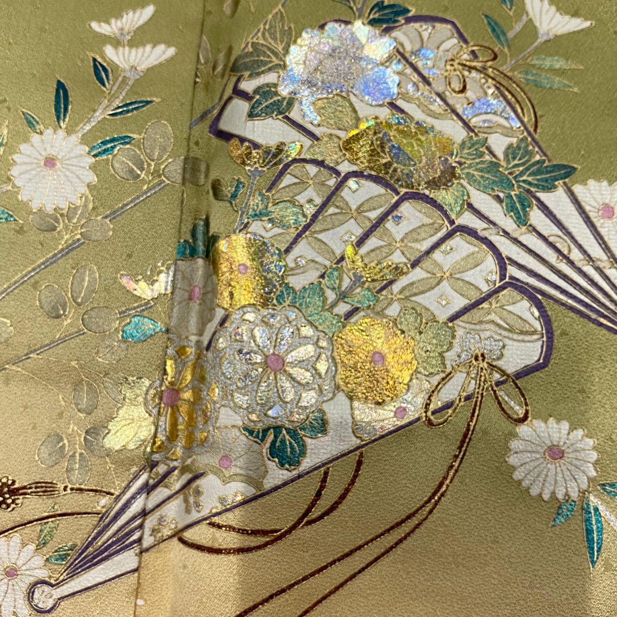 【庫存清倉】訪問服 身長154cm 袖長62.5cm S 雙層 桧扇子 草花紋紋 金銀彩 漸層 艾綠色 純蠶絲 優品級