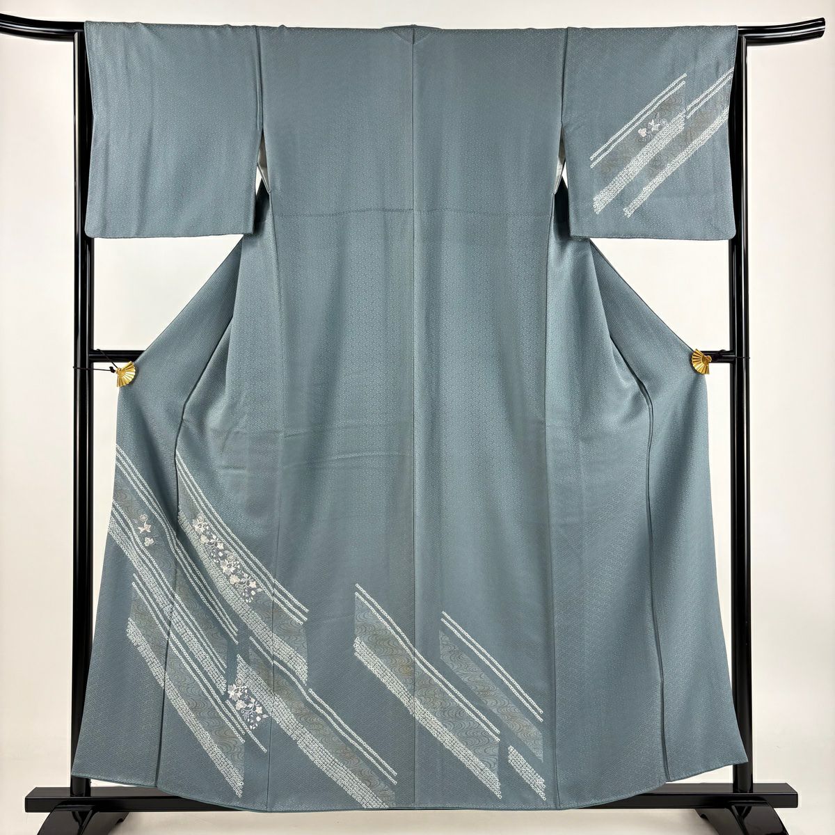 【庫存清倉】 付下 身長158cm 袖長64.5cm M 雙層 草花紋紋 流水刺繡 絞染 灰綠 純蠶絲 優品級