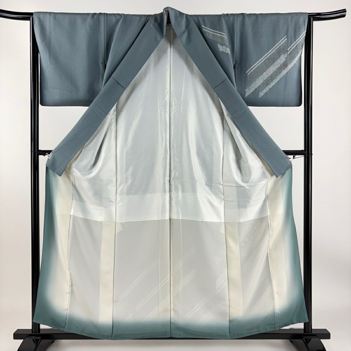 【庫存清倉】 付下 身長158cm 袖長64.5cm M 雙層 草花紋紋 流水刺繡 絞染 灰綠 純蠶絲 優品級