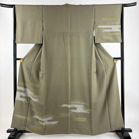 【庫存清倉】 付下 身長160cm 袖長64.5cm M 雙層 霞 幾何圖案 絞染 刺繡 茶綠 純蠶絲 優品級