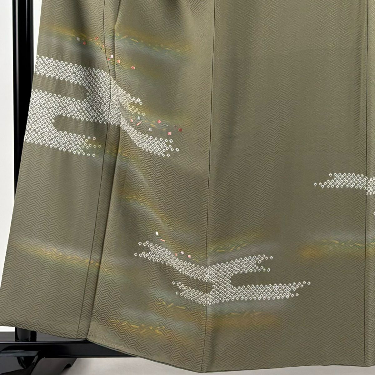 【庫存清倉】 付下 身長160cm 袖長64.5cm M 雙層 霞 幾何圖案 絞染 刺繡 茶綠 純蠶絲 優品級