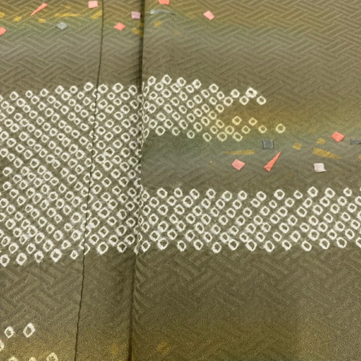 【庫存清倉】 付下 身長160cm 袖長64.5cm M 雙層 霞 幾何圖案 絞染 刺繡 茶綠 純蠶絲 優品級