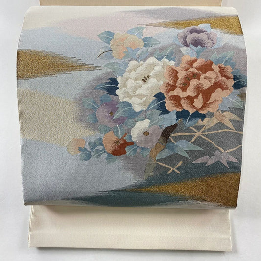 【庫存清倉】 名古屋帶 優品級 八寸名古屋帶 牡丹 菊花 金絲 米色 純蠶絲