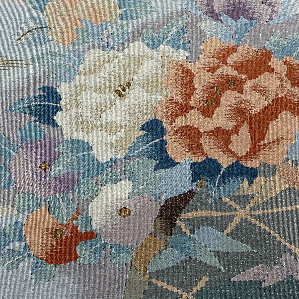 【庫存清倉】 名古屋帶 優品級 八寸名古屋帶 牡丹 菊花 金絲 米色 純蠶絲