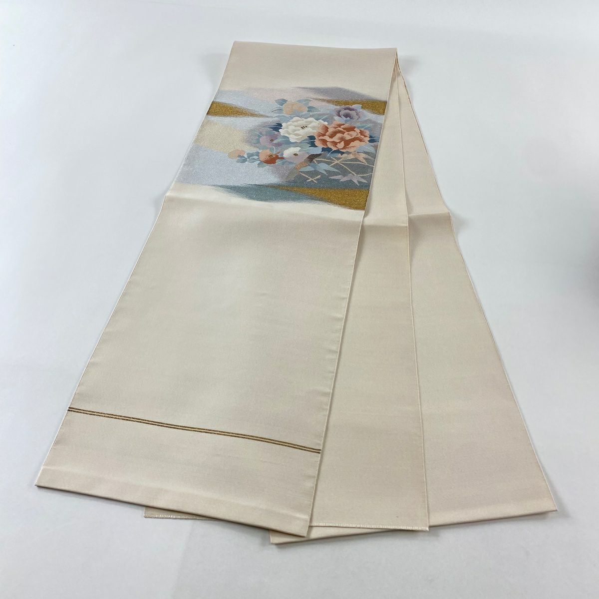 【庫存清倉】 名古屋帶 優品級 八寸名古屋帶 牡丹 菊花 金絲 米色 純蠶絲