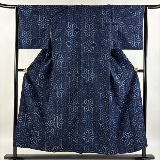 【庫存清倉】 紬織 身長152cm 袖長62cm S 雙層 麻葉紋 深藍 純蠶絲 優品級