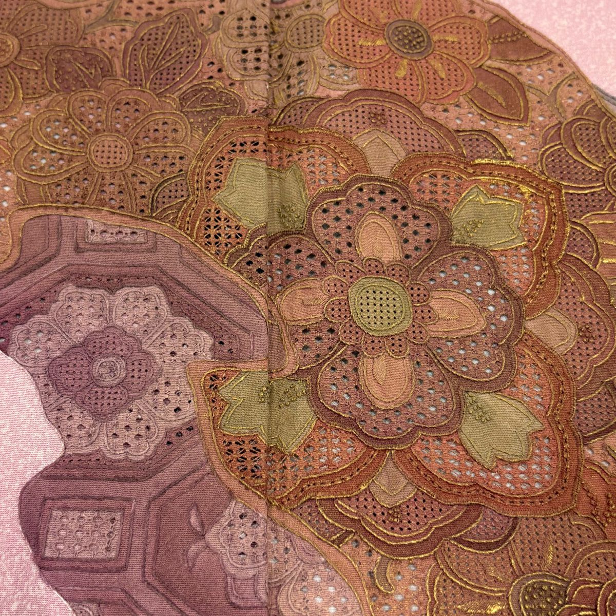 【庫存清倉】 付下 身長152.5cm 袖長60cm S 雙層 華紋 蜀江文 刺繡 金線 粉紅 純蠶絲 優品級