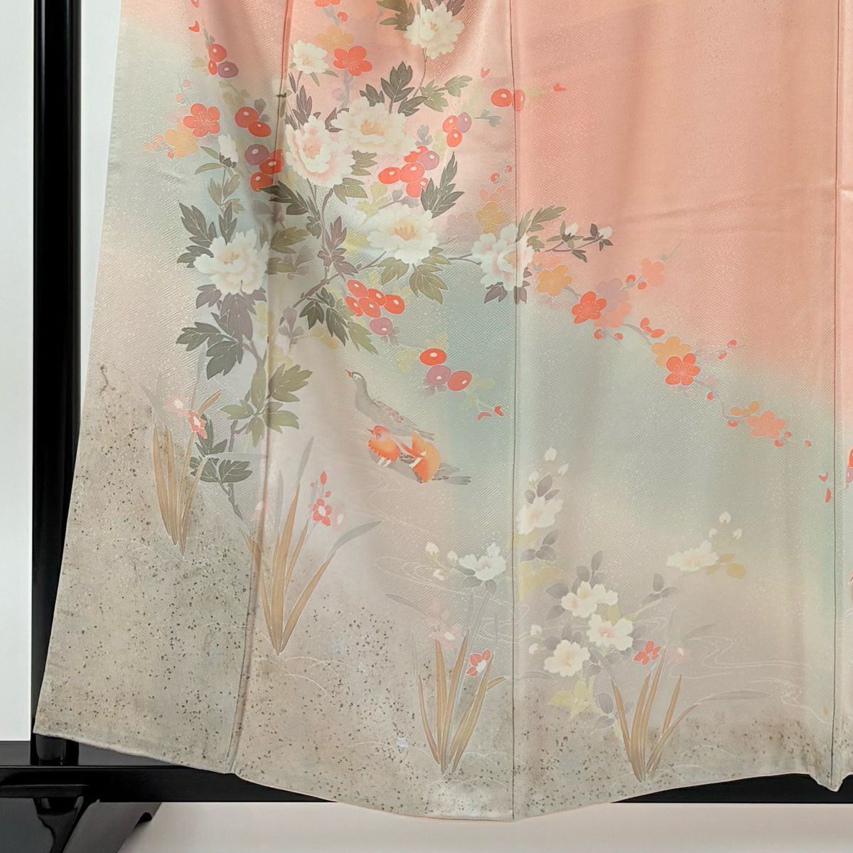【庫存清倉】訪問服 身長158cm 袖長65cm M 雙層 牡丹 鴛鴦 金銀彩 染分 粉紅 純蠶絲 優品級