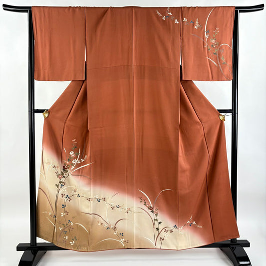 【庫存清倉】訪問服 身長158cm 袖長65cm M 雙層 萩 菊花 金銀彩 漸層 紅茶 純蠶絲 優品級