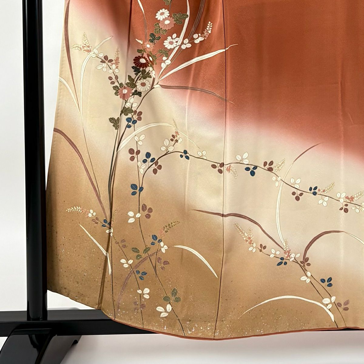 【庫存清倉】訪問服 身長158cm 袖長65cm M 雙層 萩 菊花 金銀彩 漸層 紅茶 純蠶絲 優品級