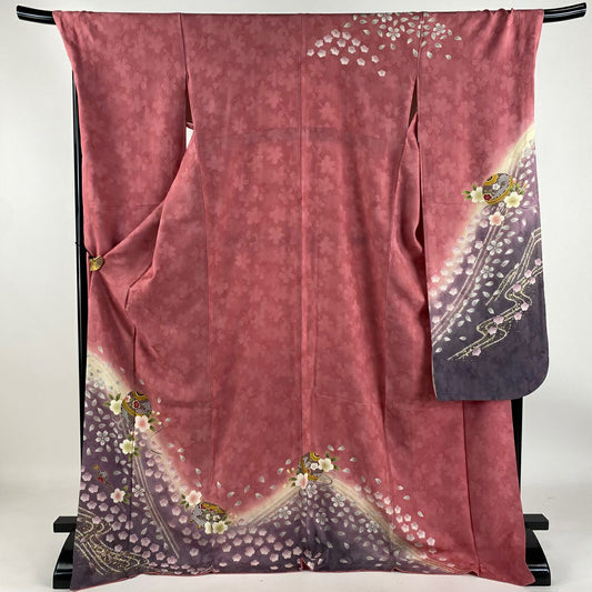【庫存清倉】振袖禮服 身長174cm 袖長71.5cm L 雙層 手鞠 櫻花 金銀彩 染分 粉紅 純蠶絲 名品級