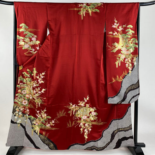 【清倉特賣】振袖禮服 身長162.5cm 袖長66cm M 雙層 幾帳 松樹梅花 金彩裝飾 染分 紅 純蠶絲 名品級