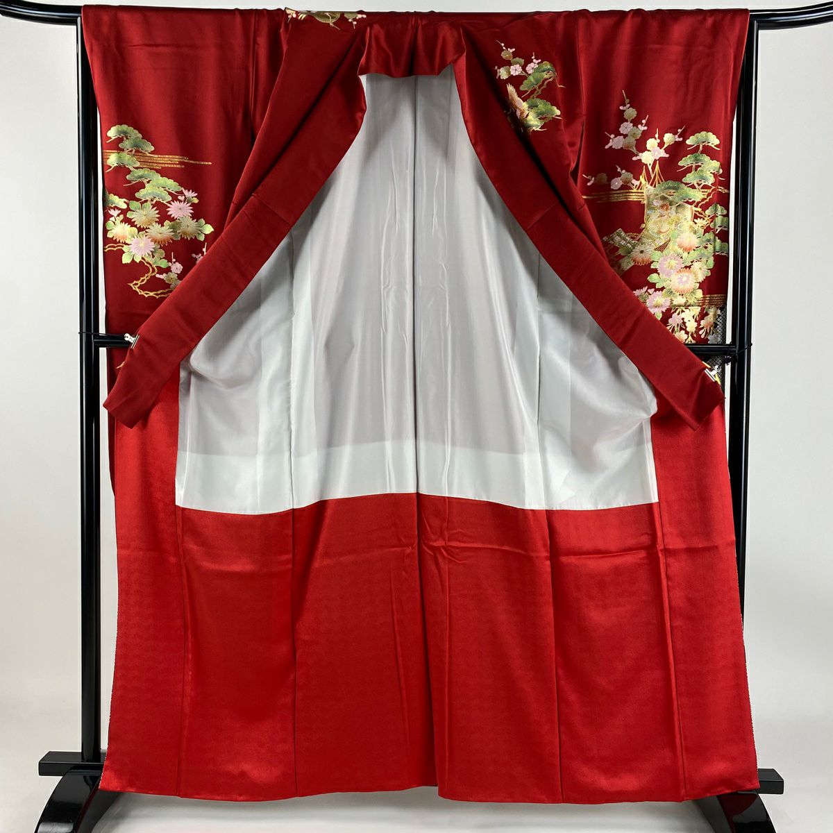 【清倉特賣】振袖禮服 身長162.5cm 袖長66cm M 雙層 幾帳 松樹梅花 金彩裝飾 染分 紅 純蠶絲 名品級
