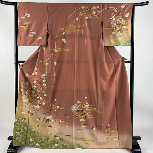 【庫存清倉】訪問服 身長168cm 袖長64.5cm M 雙層 雪輪 梅花 金絲 金銀彩 粉色 純蠶絲 名品級 一個紋