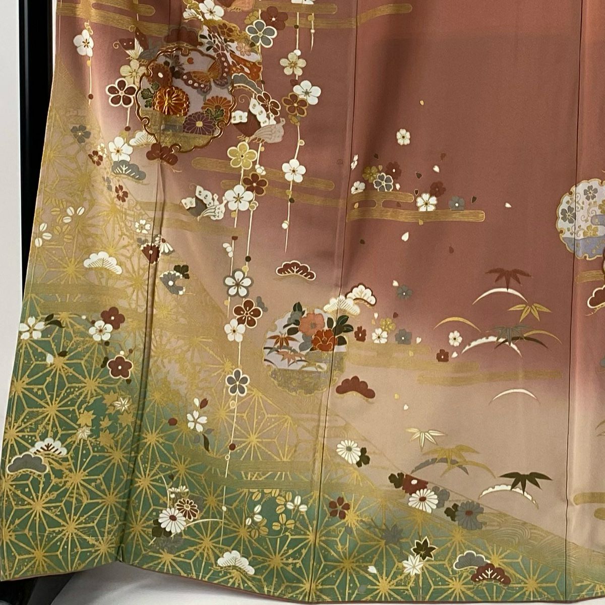 【庫存清倉】訪問服 身長168cm 袖長64.5cm M 雙層 雪輪 梅花 金絲 金銀彩 粉色 純蠶絲 名品級 一個紋