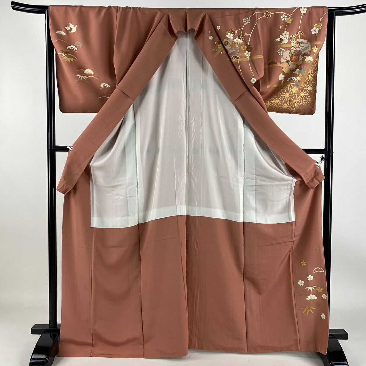 【庫存清倉】訪問服 身長168cm 袖長64.5cm M 雙層 雪輪 梅花 金絲 金銀彩 粉色 純蠶絲 名品級 一個紋
