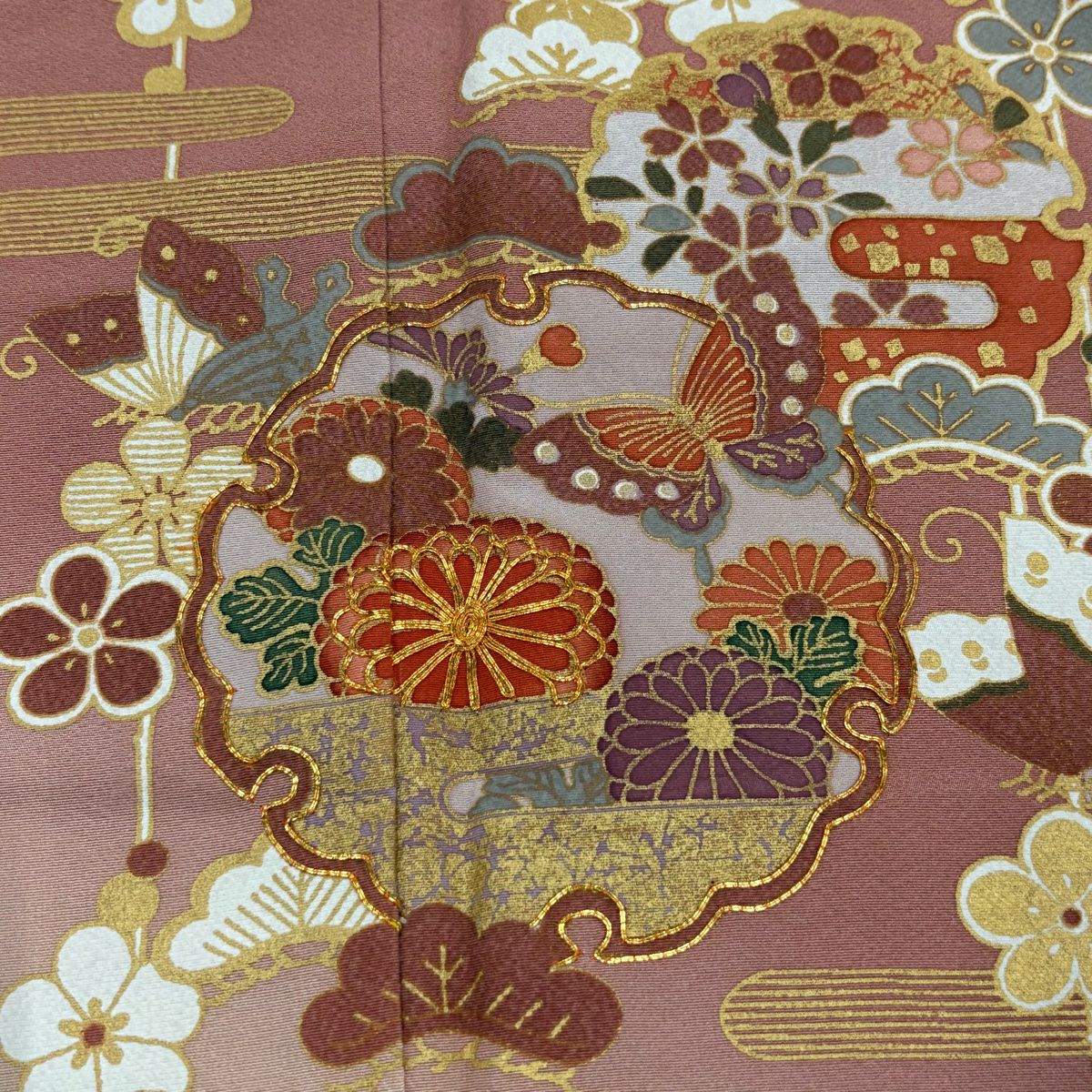 【庫存清倉】訪問服 身長168cm 袖長64.5cm M 雙層 雪輪 梅花 金絲 金銀彩 粉色 純蠶絲 名品級 一個紋