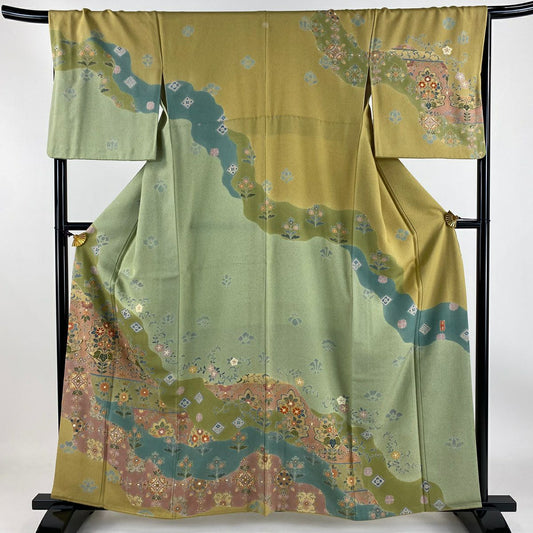 【庫存清倉】訪問服 身長159.5cm 袖長67cm M 雙層 落款 草花紋 花唐草紋 金絲 金銀彩 淺綠 純蠶絲 名品級 一つ紋