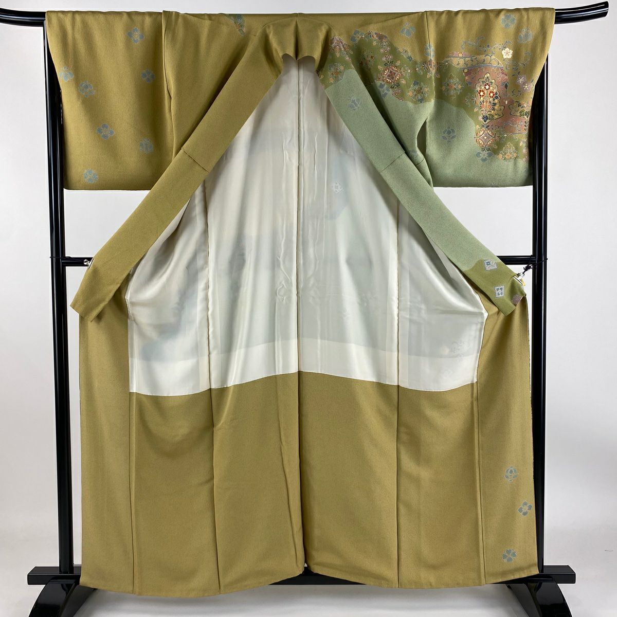 【庫存清倉】訪問服 身長159.5cm 袖長67cm M 雙層 落款 草花紋 花唐草紋 金絲 金銀彩 淺綠 純蠶絲 名品級 一つ紋