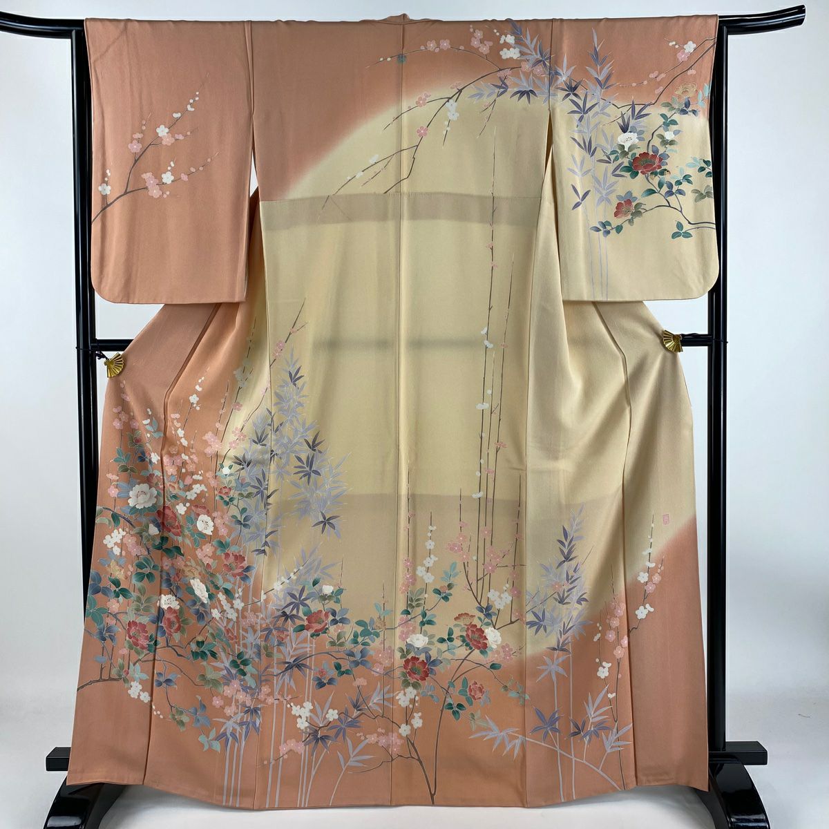 【庫存清倉】訪問服 身長165cm 袖長64cm M 雙層 落款有 枝花 枝梅花 染分 漸層 鮭粉色 純蠶絲 美品 名品級 一個紋