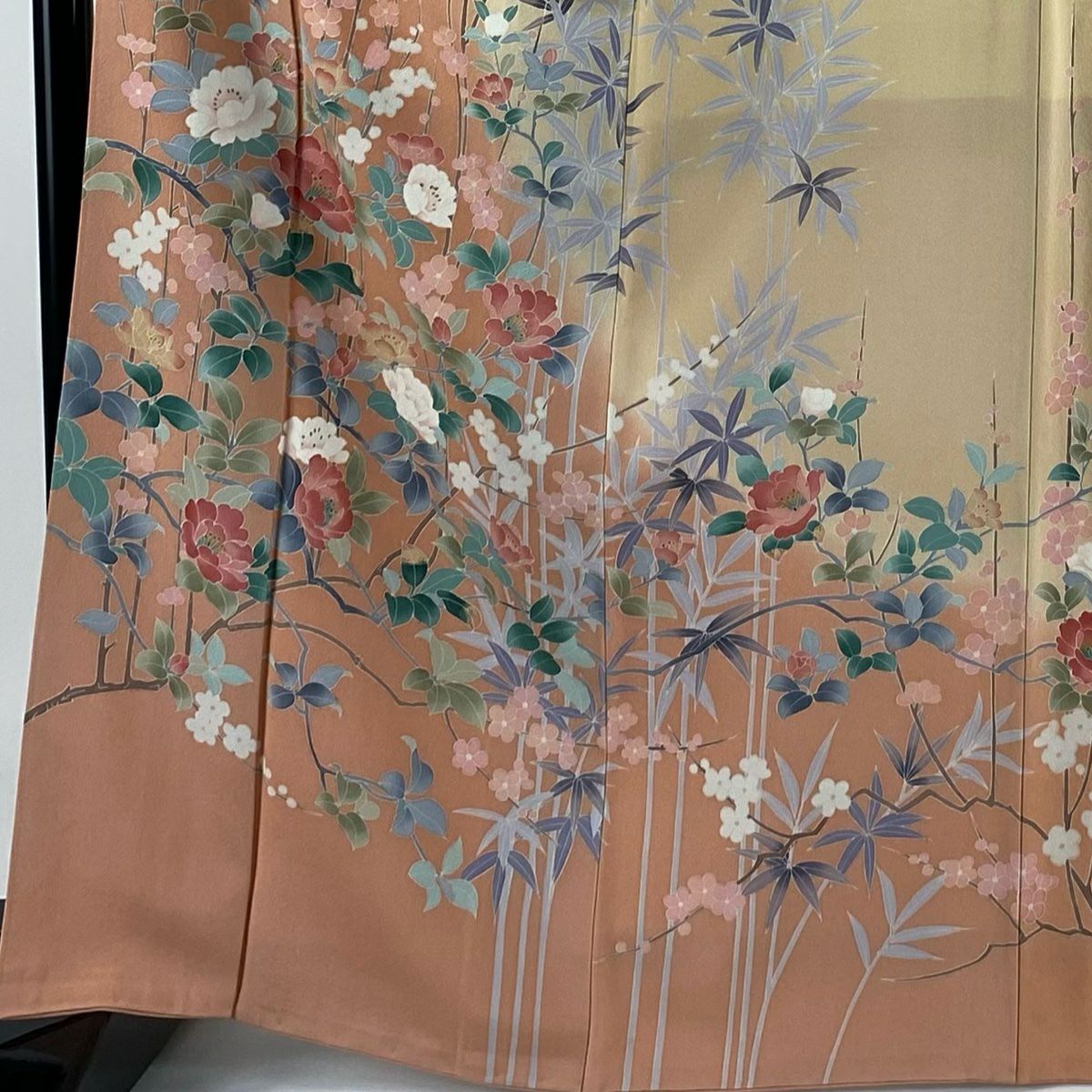 【庫存清倉】訪問服 身長165cm 袖長64cm M 雙層 落款有 枝花 枝梅花 染分 漸層 鮭粉色 純蠶絲 美品 名品級 一個紋