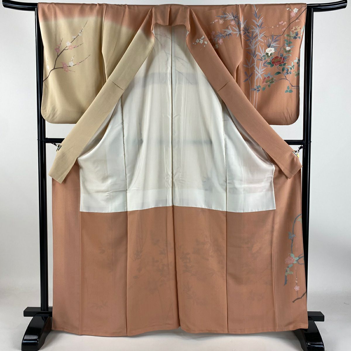 【庫存清倉】訪問服 身長165cm 袖長64cm M 雙層 落款有 枝花 枝梅花 染分 漸層 鮭粉色 純蠶絲 美品 名品級 一個紋