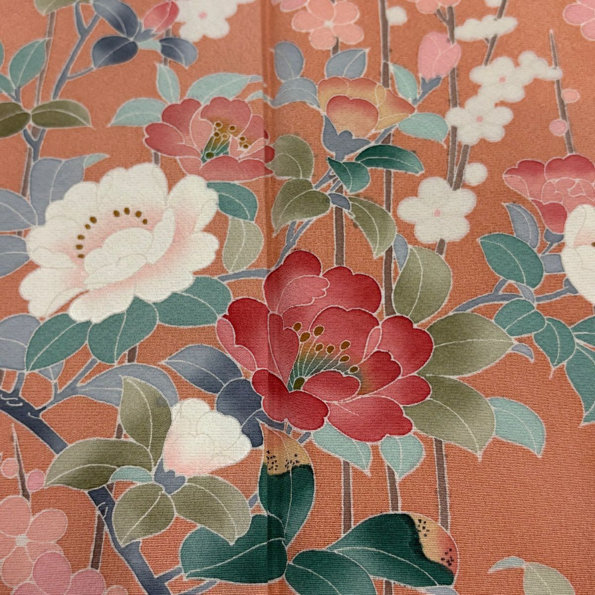 【庫存清倉】訪問服 身長165cm 袖長64cm M 雙層 落款有 枝花 枝梅花 染分 漸層 鮭粉色 純蠶絲 美品 名品級 一個紋