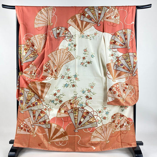 振袖禮服 身長166.5cm 袖長66cm M 雙層 吾妻德穗 落款あり 扇子 菊花唐草紋 金絲 金銀彩 鮭粉色 純蠶絲 逸品級