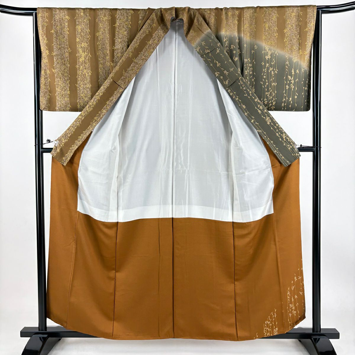 【庫存清倉】訪問服 身長157.5cm 袖長65.5cm M 雙層 垂枝櫻 金銀彩 染分 茶綠 純蠶絲 優品級