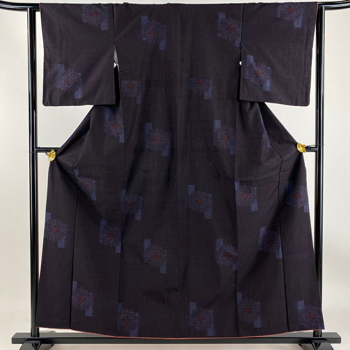 【庫存清倉】 紬織 身長157cm 袖長62.5cm S 雙層 華紋 龜甲絣 深藍 純蠶絲 美品 秀品級