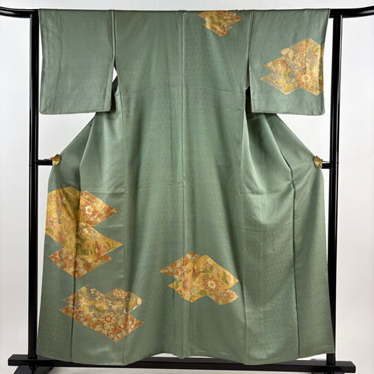 【庫存清倉】 付下 身長155cm 袖長63cm S 雙層 草花紋 紋樣 金線 刺繡 艾草色 純蠶絲 優品級