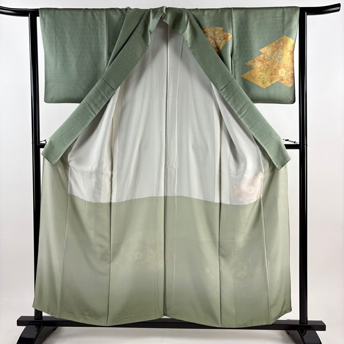 【庫存清倉】 付下 身長155cm 袖長63cm S 雙層 草花紋 紋樣 金線 刺繡 艾草色 純蠶絲 優品級
